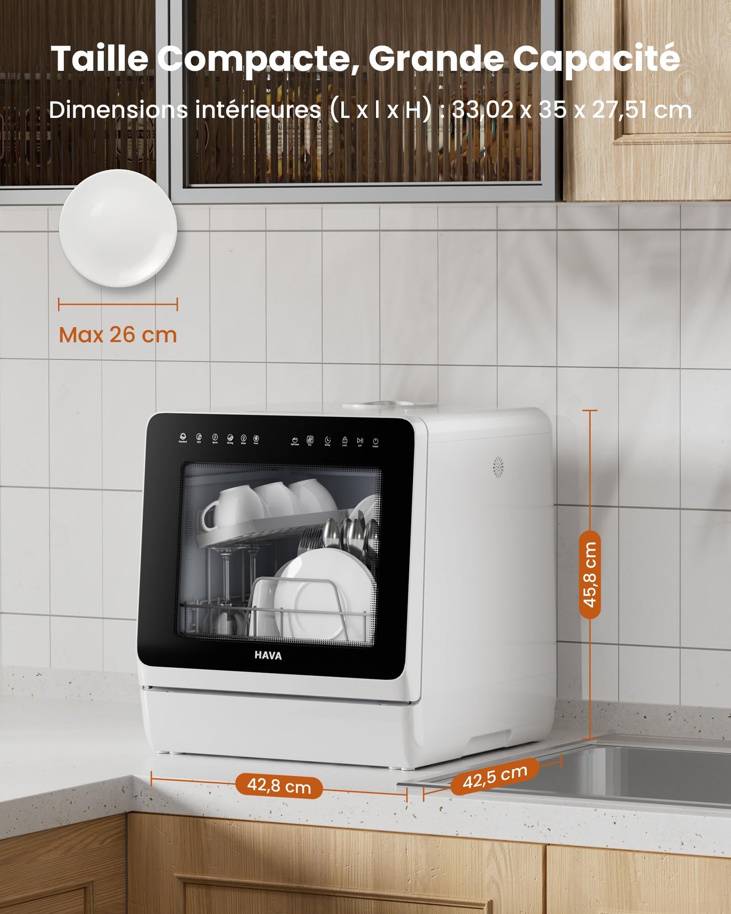HAVA Lave-vaisselle de comptoir 2025 - Amélioré avec adoucisseur d'eau, efficacité énergétique optimale, 8 programmes de lavage, verrouillage enfant et fonction de démarrage différé