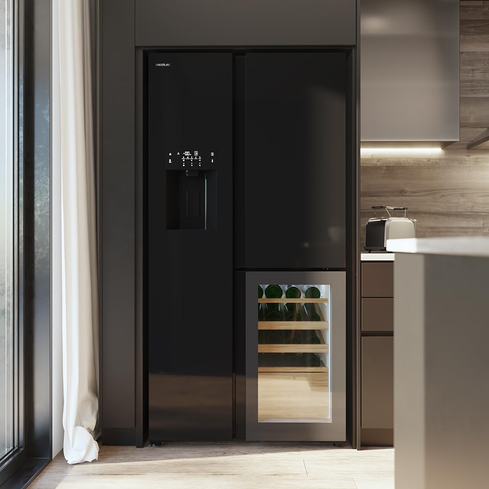 Cecotec Réfrigérateur avec 3 portes Bolero CoolMarket TDW 529 WID Black Glass E. Réfrigérateur 3 portes noir, cave à vin, 529L, Inverter Plus, Total No Frost, E, MultiAirFlow, Fast Cooling.