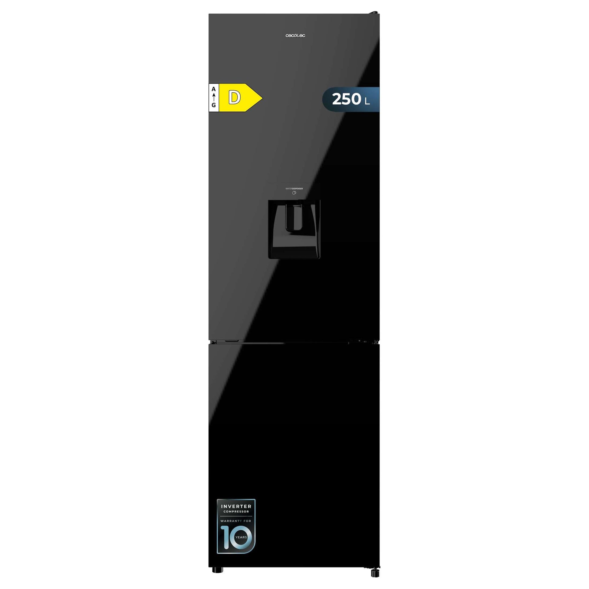 Cecotec Réfrigérateur combiné Bolero CoolMarket Combi 250 WD Black Glass D. Capacité de 250L, classe D, compresseur Inverter, Total No Frost, porte réversible, distributeur d'eau et LED intérieure.
