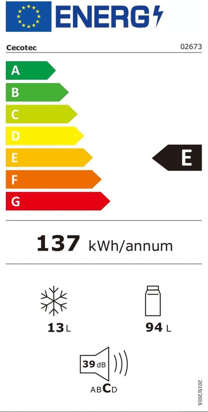 Cecotec Mini Réfrigérateur 107 L Bolero CoolMarket TT 107 White, Classe Énergétique E, Économie d'Énergie, Porte Réversible, Tiroir Congélateur, Faible Niveau Sonore, Design Compact.