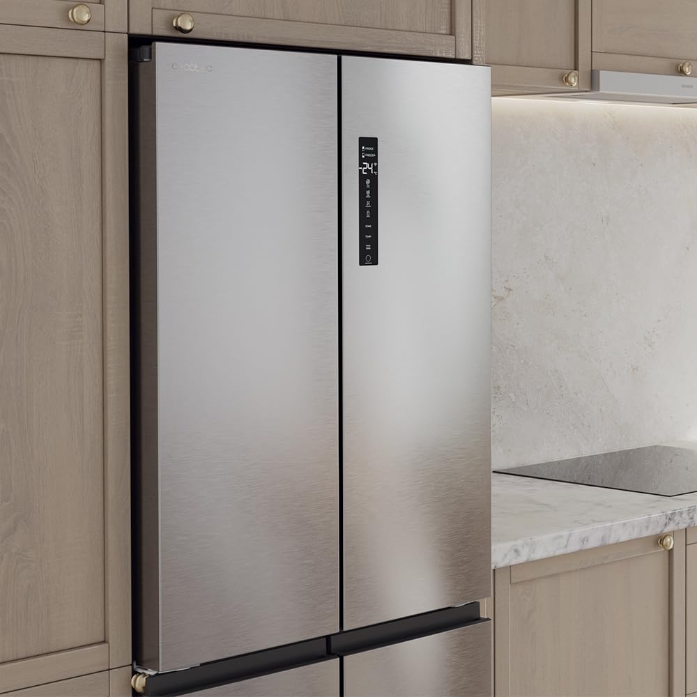 Cecotec Réfrigérateur 4 Portes Total No Frost Bolero CoolMarket 4D 394 Inox E,394 Litres, Hauteur 170 cm et 70 cm Largeur, Tiroir Température Variable, Compresseur Inverter, ATT Antibactérien