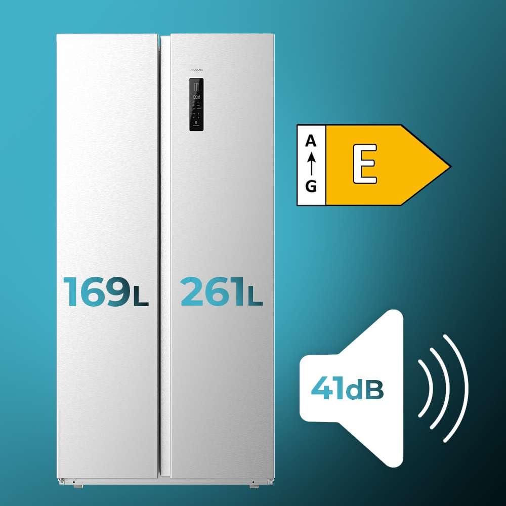 Cecotec Réfrigérateur Américain CoolMarket SBS 430 Inox E. 2 Portes, Side by Side 430 L, Hauteur 176 cm et Largeur 84 cm, Multi Air Flow System, Total No Frost, Motor Inverter Plus