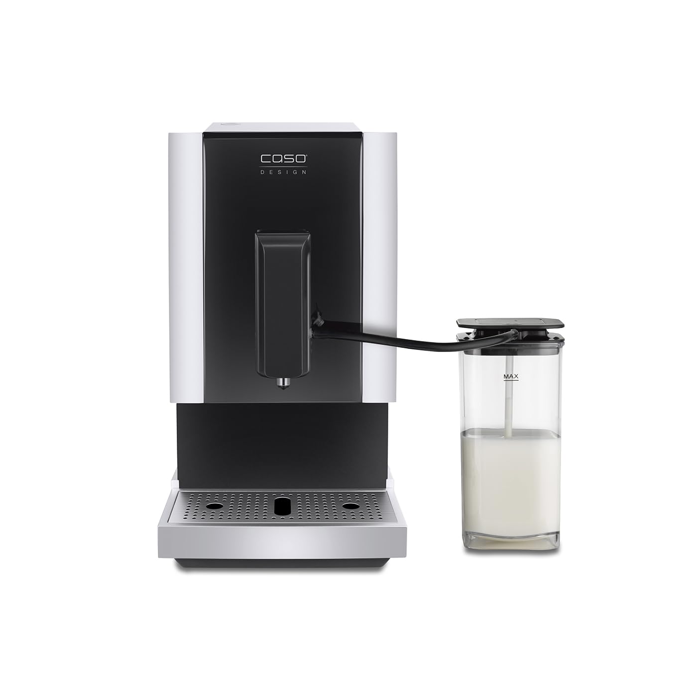 CASO Café Crema Touch Machine à café automatique design avec tuyau et réservoir à lait, broyeur conique réglable en continu, prêt à l'emploi, toutes les spécialités de café par toucher, noir, acier