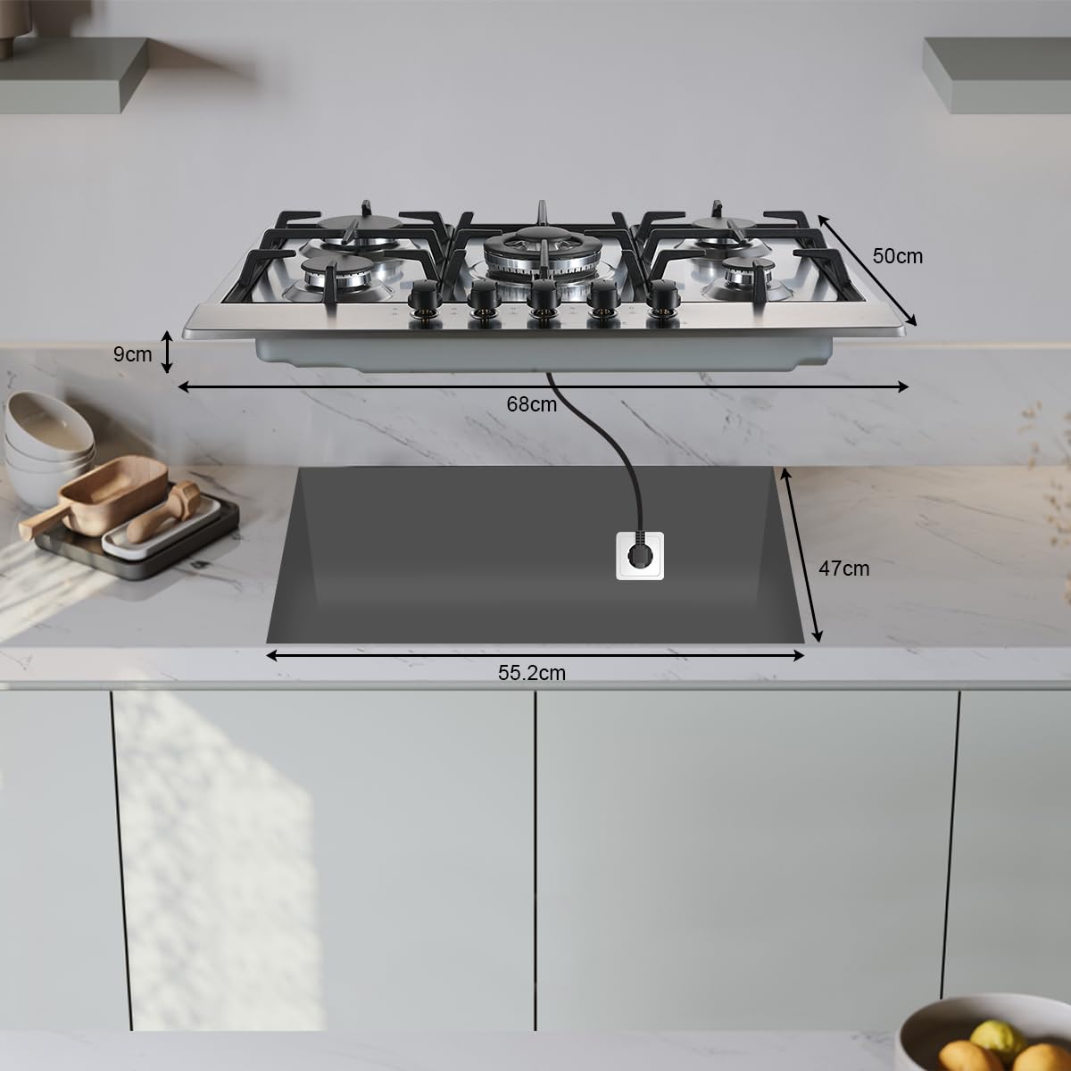 SNDOAS Plaque de Cuisson Gaz 5 Feux, Plaque Gaz avec Panneau en Acier Inoxydable, Sécurité Thermocouple, Convient pour le Gaz Naturel/Propane, 68cm, 10480 W, 220-240 V