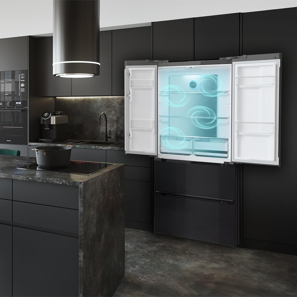 Cecotec Refrigerateur Congelateur 4 Portes Française Bolero CoolMarket FD 436 Black Glass E. Réfrigérateur 436L, verre noir, Total No Frost, MultiAirFlow, Inverter Plus, mode Vacances et alarmes
