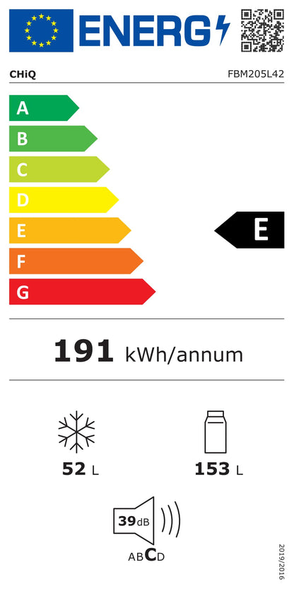 CHIQ Réfrigérateur congélateur FBM205L42-205L (153 + 52),Classe énergétique E, 39 dB, Acier noir, Low frost, Portes réversibles