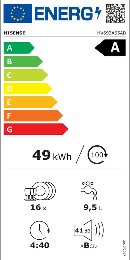 Hisense HV693A65AD - Lave-vaisselle encastrable, 16 couverts, disparition totale, classe énergétique A