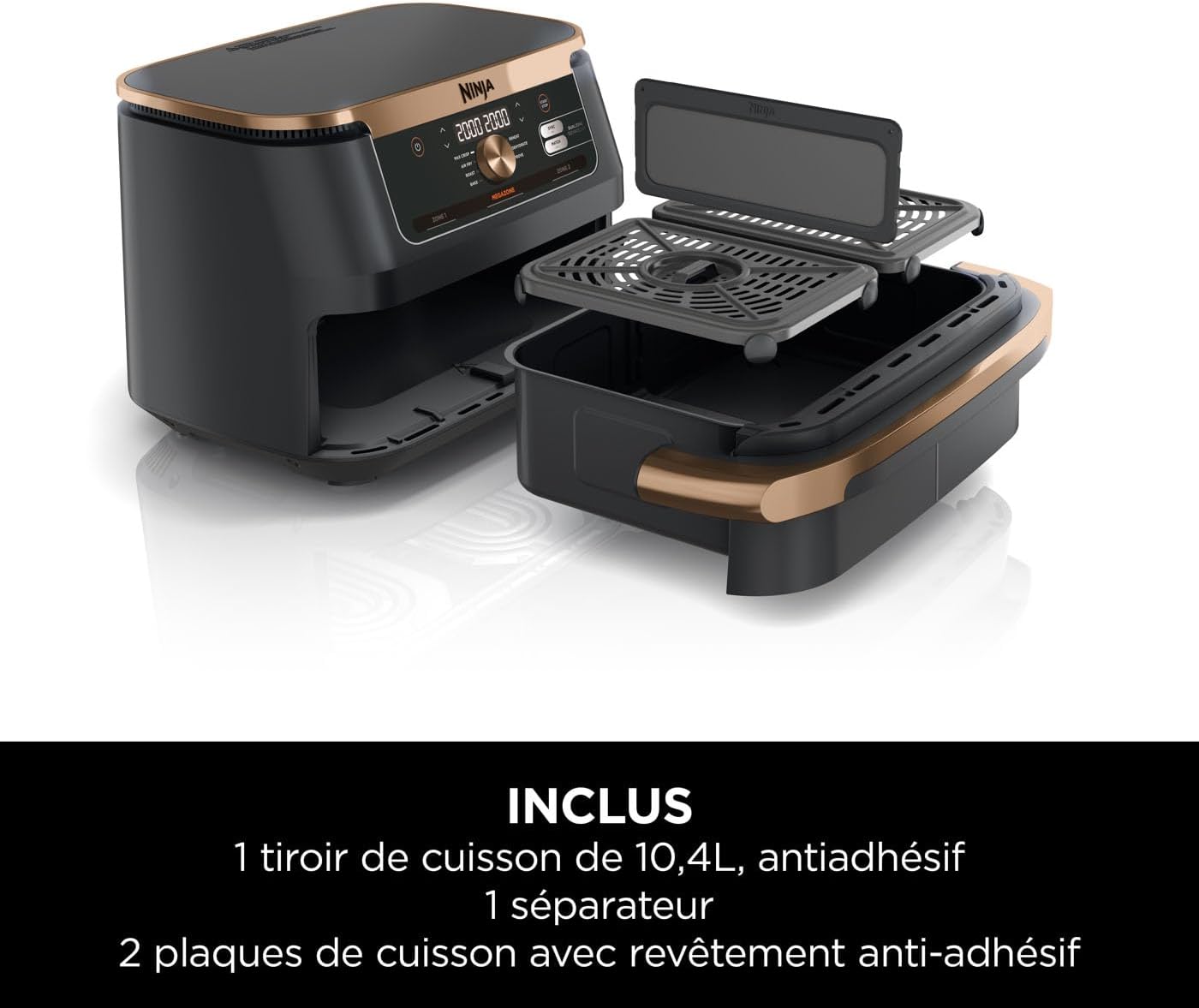 NINJA Foodi FlexDrawer Air Fryer, Dual Zone Avec Séparateur Amovible, Grand Tiroir de 10.4 L, 7-en-1, Double Zone, Pièces Antiadhésives Compatibles Au Lave-Vaisselle, Noir & Cuivre, AF500EUCP