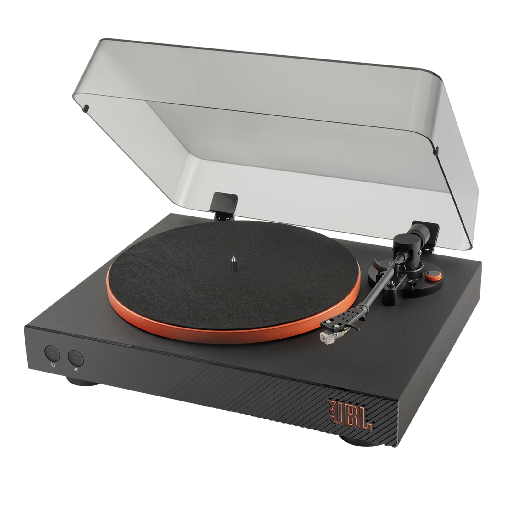JBL Spinner BT, Platine Bluetooth avec AptX-HD, design dynamique, porte-cellule amovible, plateau en aluminium et entraînement par courroie, cellule magnétique mobile préinstallée, noir et orange