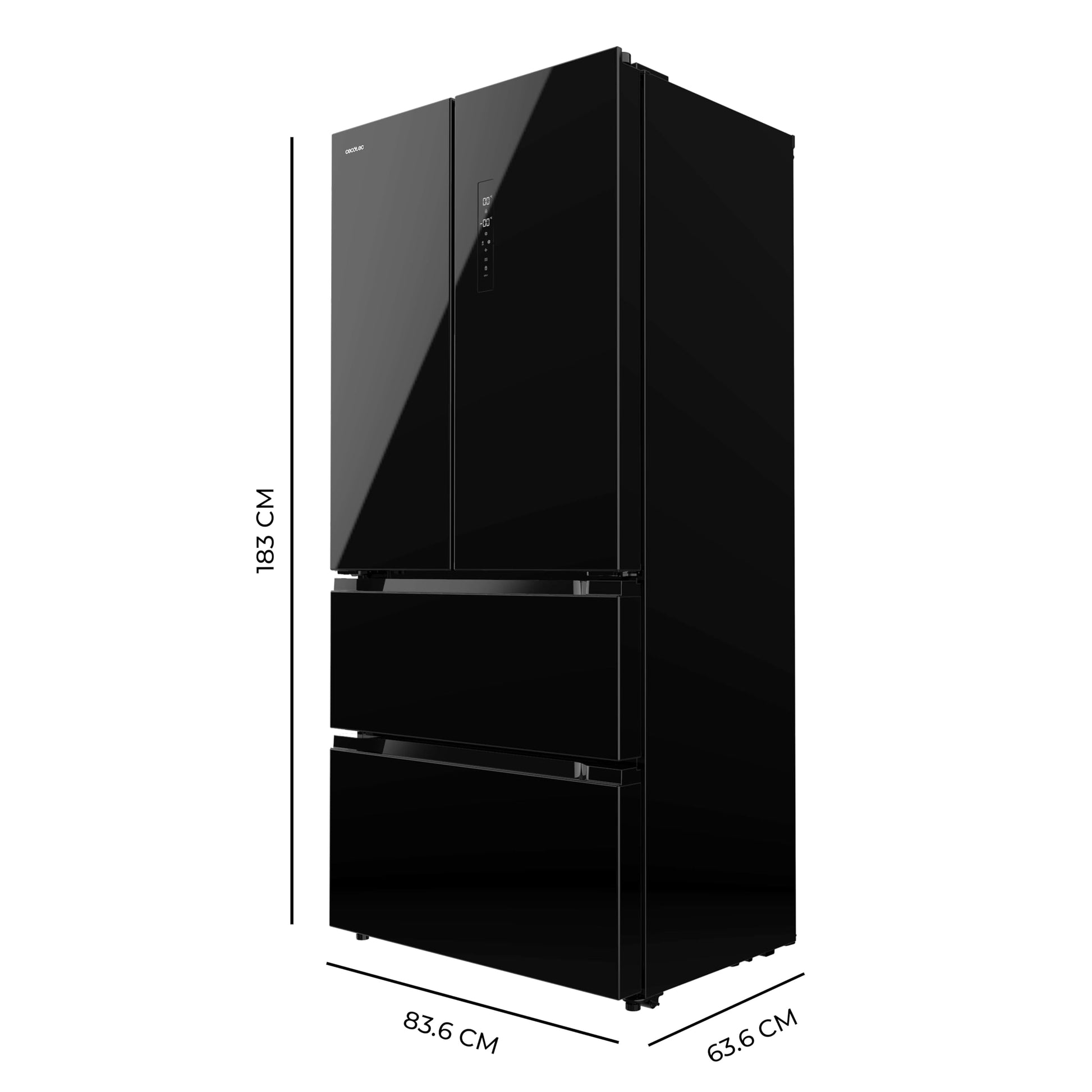 Cecotec Refrigerateur Congelateur 4 Portes Française Bolero CoolMarket FD 436 Black Glass E. Réfrigérateur 436L, verre noir, Total No Frost, MultiAirFlow, Inverter Plus, mode Vacances et alarmes
