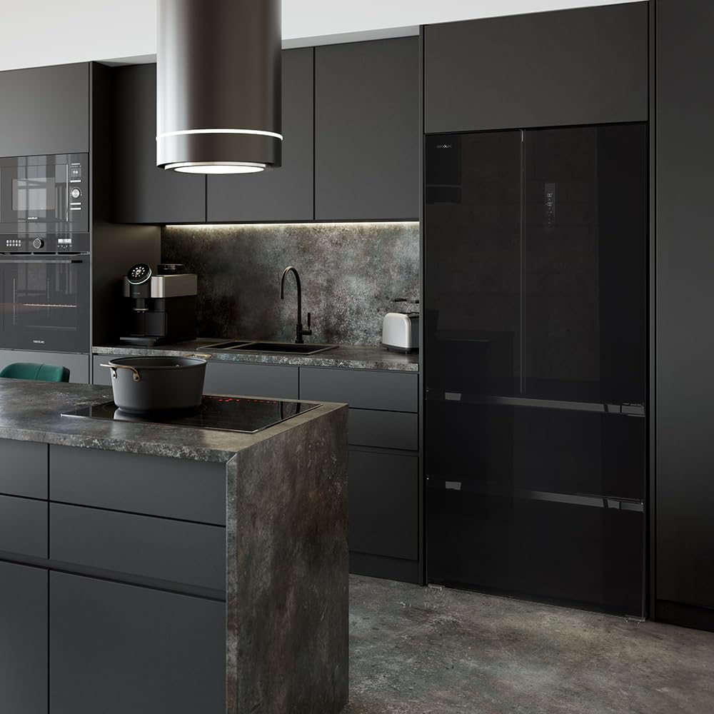Cecotec Refrigerateur Congelateur 4 Portes Française Bolero CoolMarket FD 436 Black Glass E. Réfrigérateur 436L, verre noir, Total No Frost, MultiAirFlow, Inverter Plus, mode Vacances et alarmes
