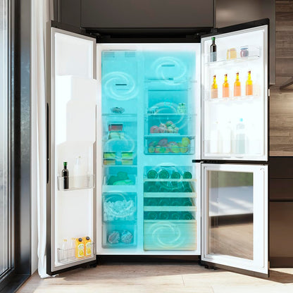 Cecotec Réfrigérateur avec 3 portes Bolero CoolMarket TDW 529 WID Black Glass E. Réfrigérateur 3 portes noir, cave à vin, 529L, Inverter Plus, Total No Frost, E, MultiAirFlow, Fast Cooling.