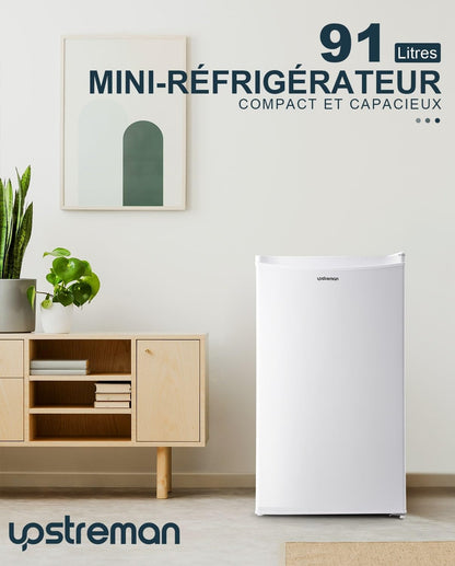 Upstreman Petit Frigo avec Congélateur de 91L, Bac à Légumes, Thermostat Réglable, Silencieux, Petit Frigo de Bureau, Porte Réversible, Réfrigérateur
