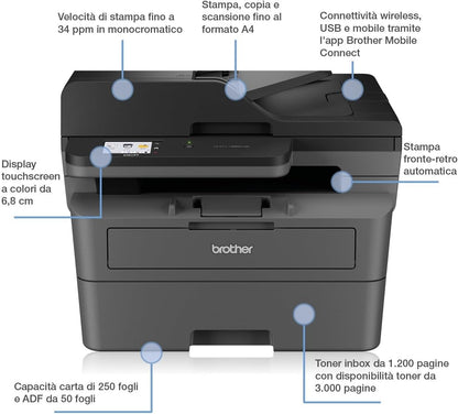 Brother DCP-L2665DW - Imprimante Multifonction 3 en 1 (Impression/Scan/Copie) Laser Monochrome - WiFi & Ethernet - Vitesse d'impression de 34 ppm | Eligible au Forfait d'encreEcoPro