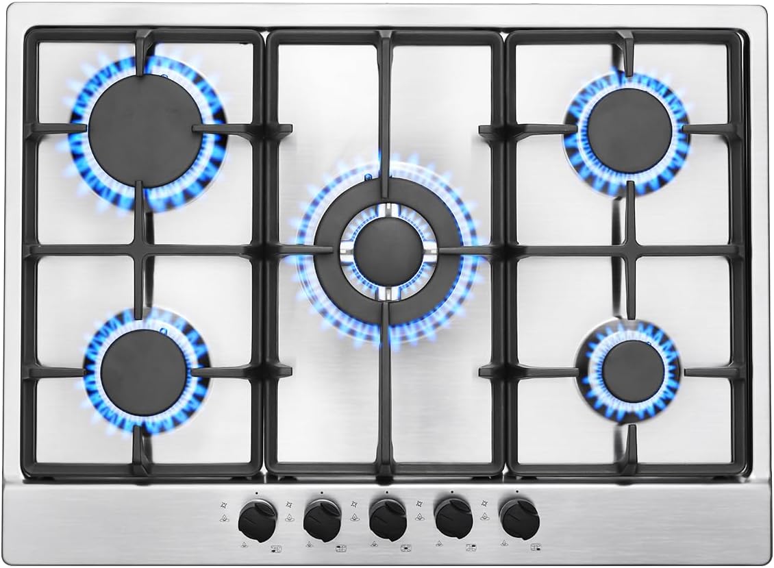 SNDOAS Plaque de Cuisson Gaz 5 Feux, Plaque Gaz avec Panneau en Acier Inoxydable, Sécurité Thermocouple, Convient pour le Gaz Naturel/Propane, 68cm, 10480 W, 220-240 V