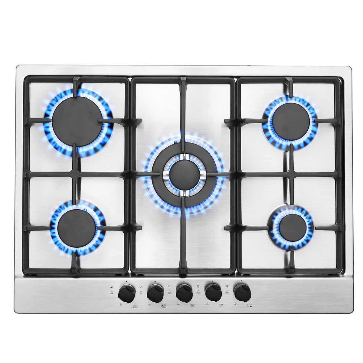 SNDOAS Plaque de Cuisson Gaz 5 Feux, Plaque Gaz avec Panneau en Acier Inoxydable, Sécurité Thermocouple, Convient pour le Gaz Naturel/Propane, 68cm, 10480 W, 220-240 V