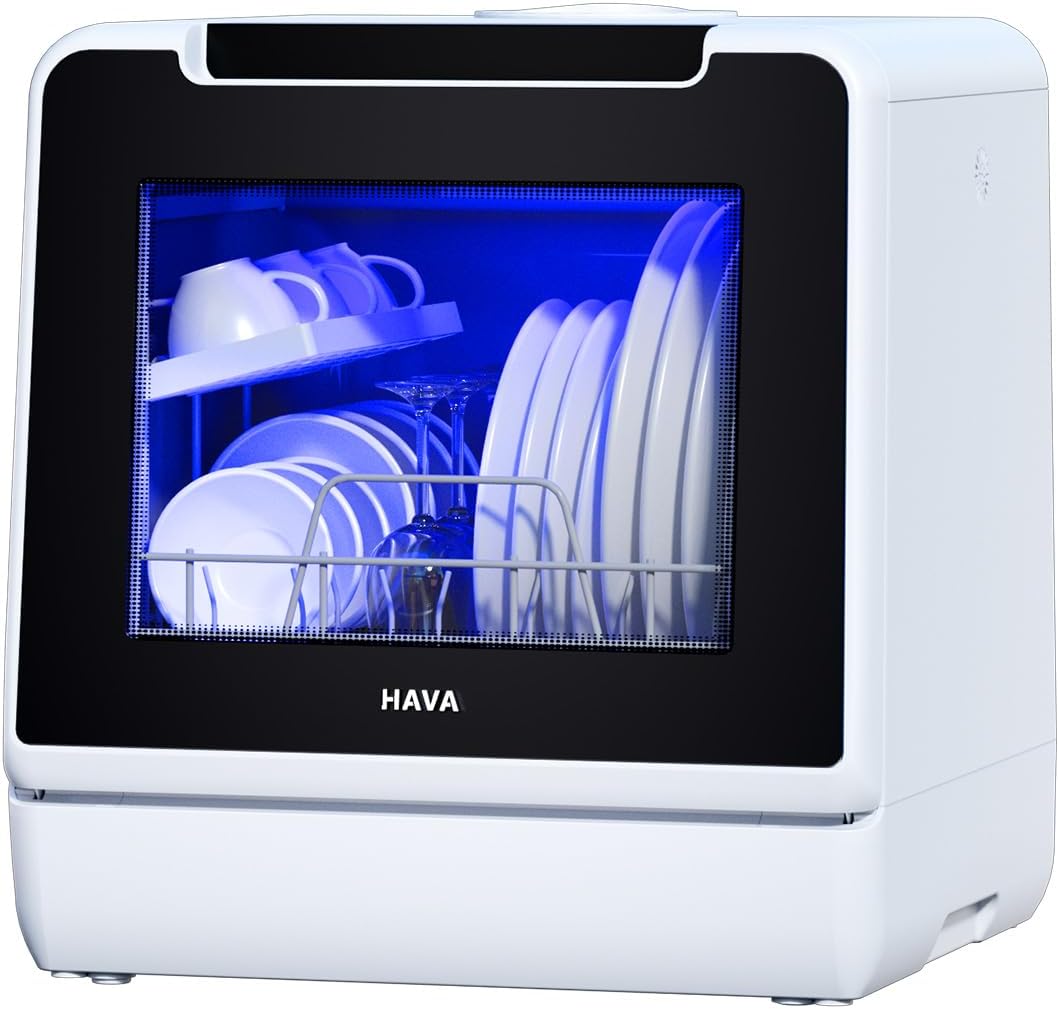 HAVA mini lave vaisselle, nouveau modèle amélioré 2024, 8 programmes de lavage, lave-vaisselle portable avec sécurité enfant et fonction de démarrage différé, réservoir d'eau de 5 L