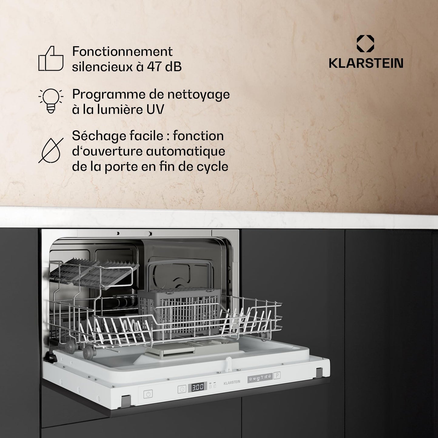 Klarstein Lave Vaisselle Encastrable - Compact 45 cm, 6 Couverts, Programme UV Hygiène, AquaStop Sécurité, Classe Énergie D, Silencieux 47 dB, Commande Intuitive