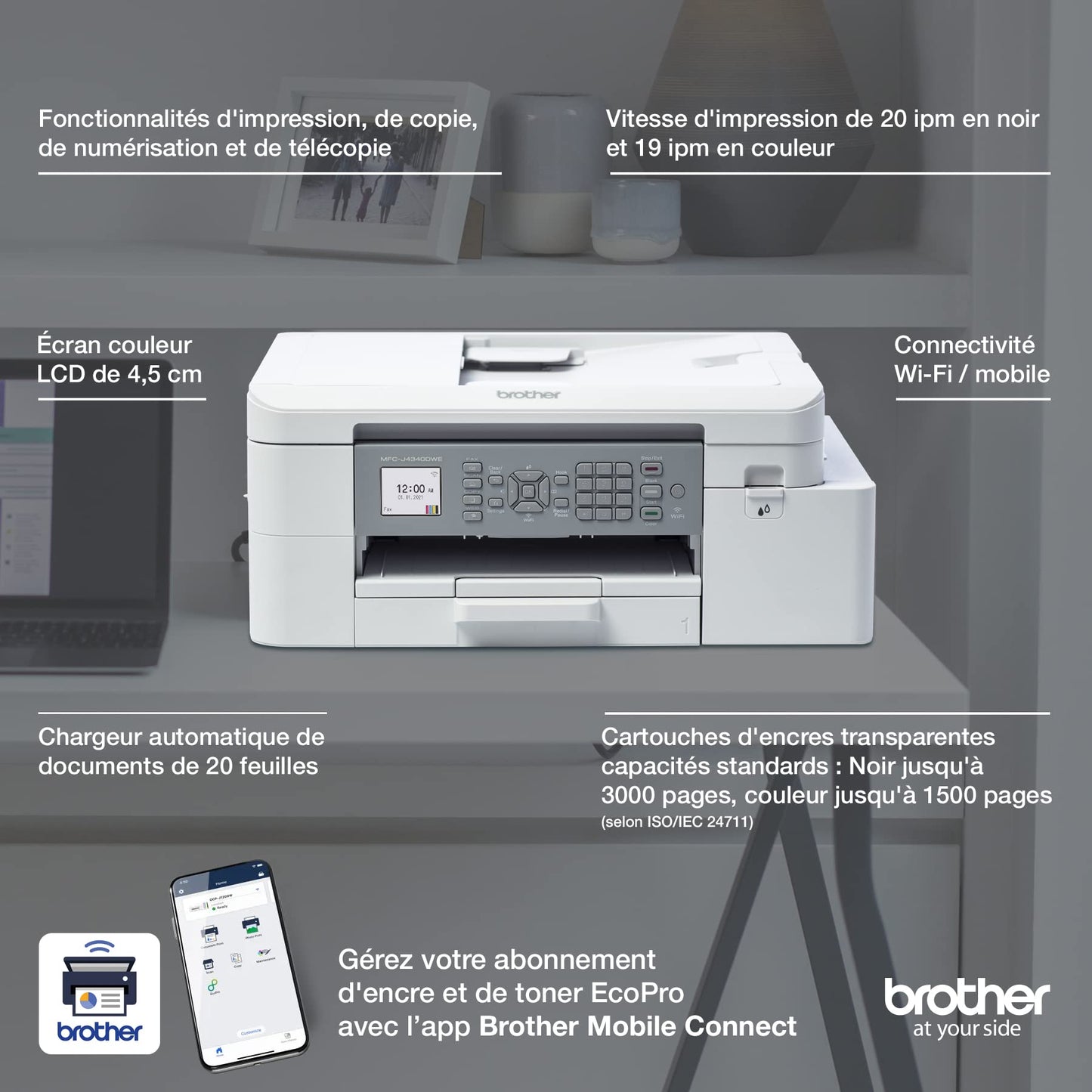 Brother MFC-J4340DWE - Imprimante Jet d'encre Couleur Multifonction sans Fil Professionnelle A4 - Eligible au Forfait d'encre EcoPro.