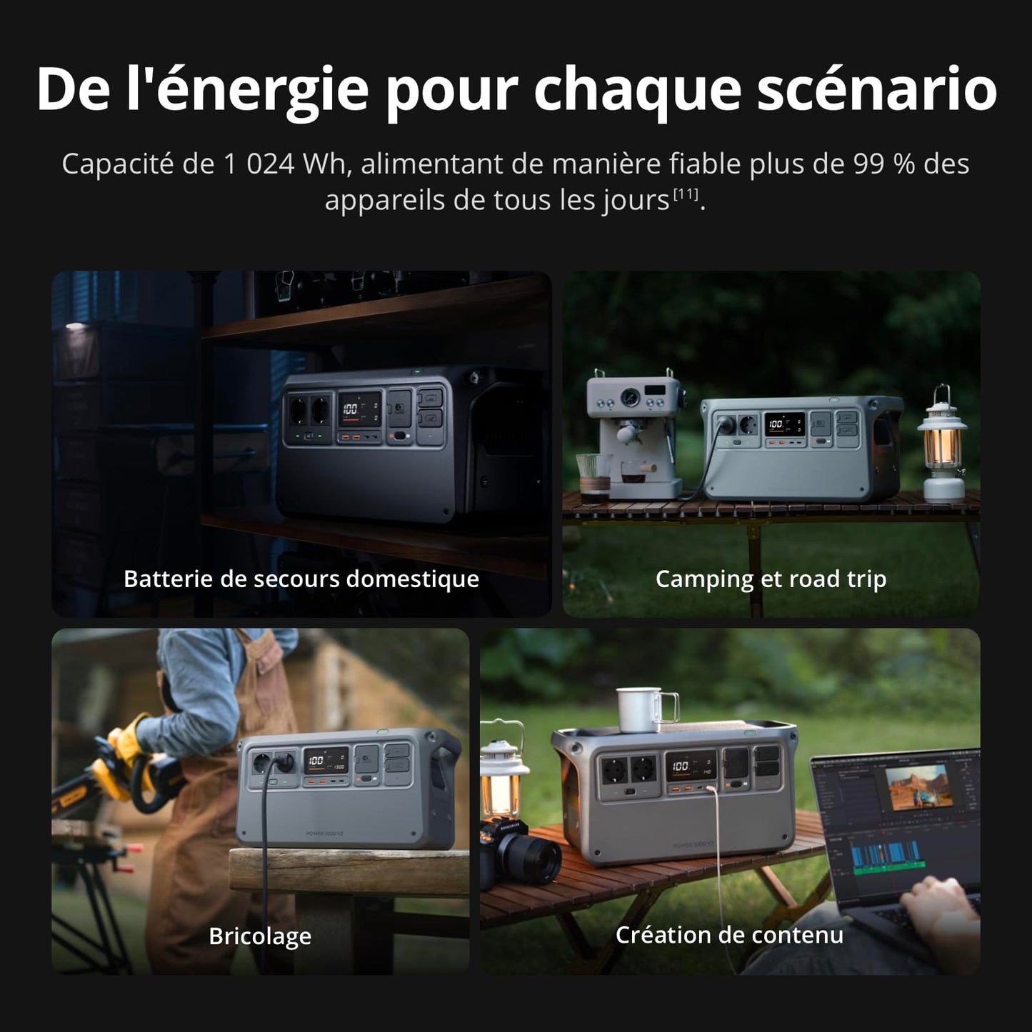 DJI Power 1000 V2, station électrique portable 1 024 Wh (Batterie LFP), sortie stable de 2 600 W, recharge de 0–80% en 37 Min, générateur électrique portable pour maisons, systèmes hors réseau
