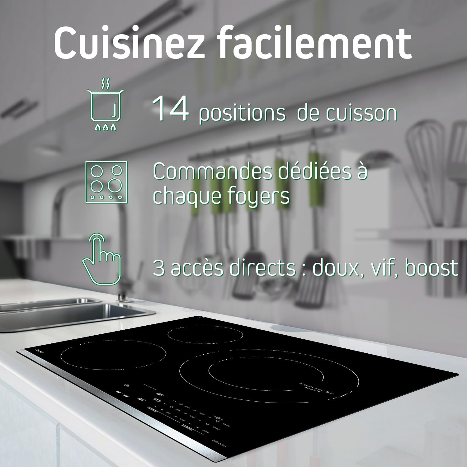 Sauter - SPI4664B - Plaque Induction - Table de Cuisson Encastrable - Noir - 4 Foyers - 7200W - Dimensions Encastrement : 56x49cm - Espace Grand Plat - Fabriqué en France