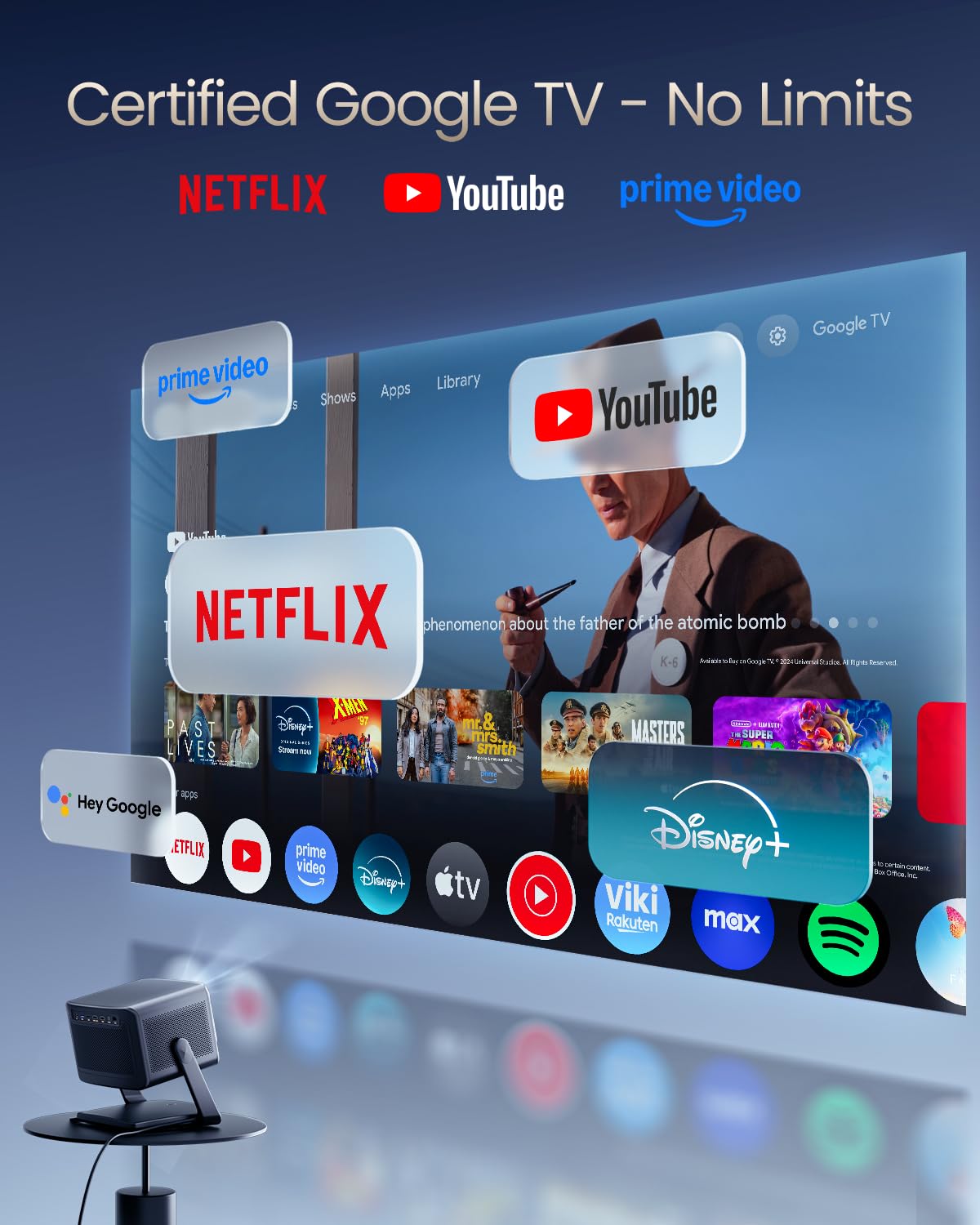 Dangbei 4K Vidéoprojecteur avec Google TV & Netflix, 2000 Lumens ISO, Stand intégré, 3D, Auto Keystone/Focus, Vidéoprojecteur Home Cinéma WiFi et Bluetooth (DBOX02 Pro)