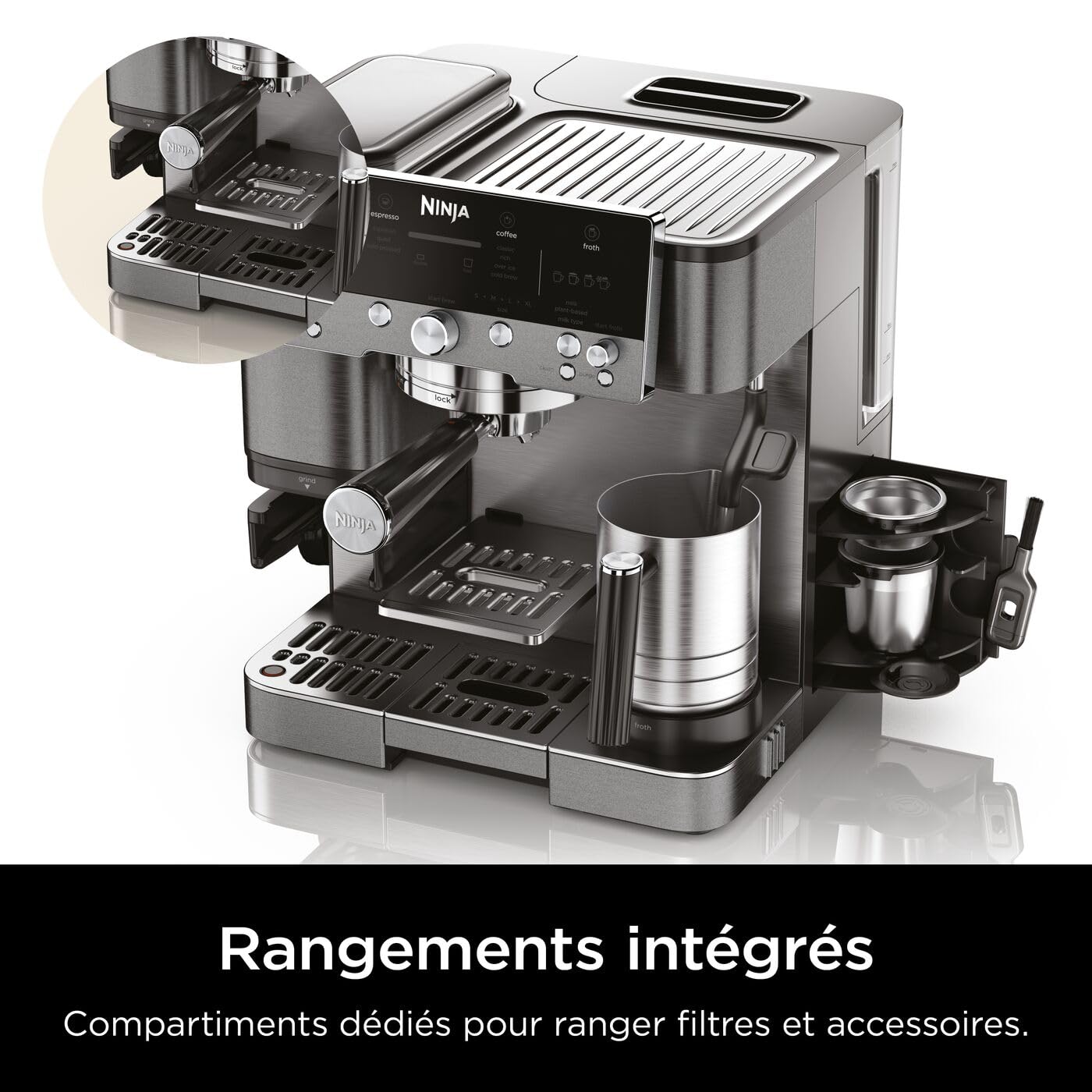 Ninja Luxe Premier Machine à café 3-en-1, Pour réaliser espressos, infusions à froid et café filtre, 4 préréglages de mousse automatiques, Gris Métalisé, ES601EUGM