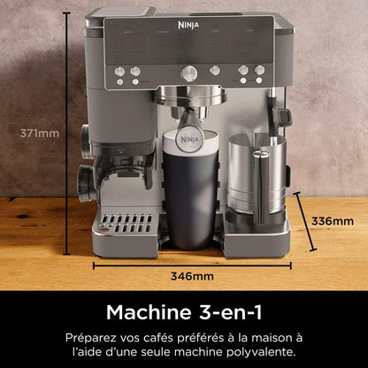 Ninja Luxe Premier Machine à café 3-en-1, Pour réaliser espressos, infusions à froid et café filtre, 4 préréglages de mousse automatiques, Gris Métalisé, ES601EUGM