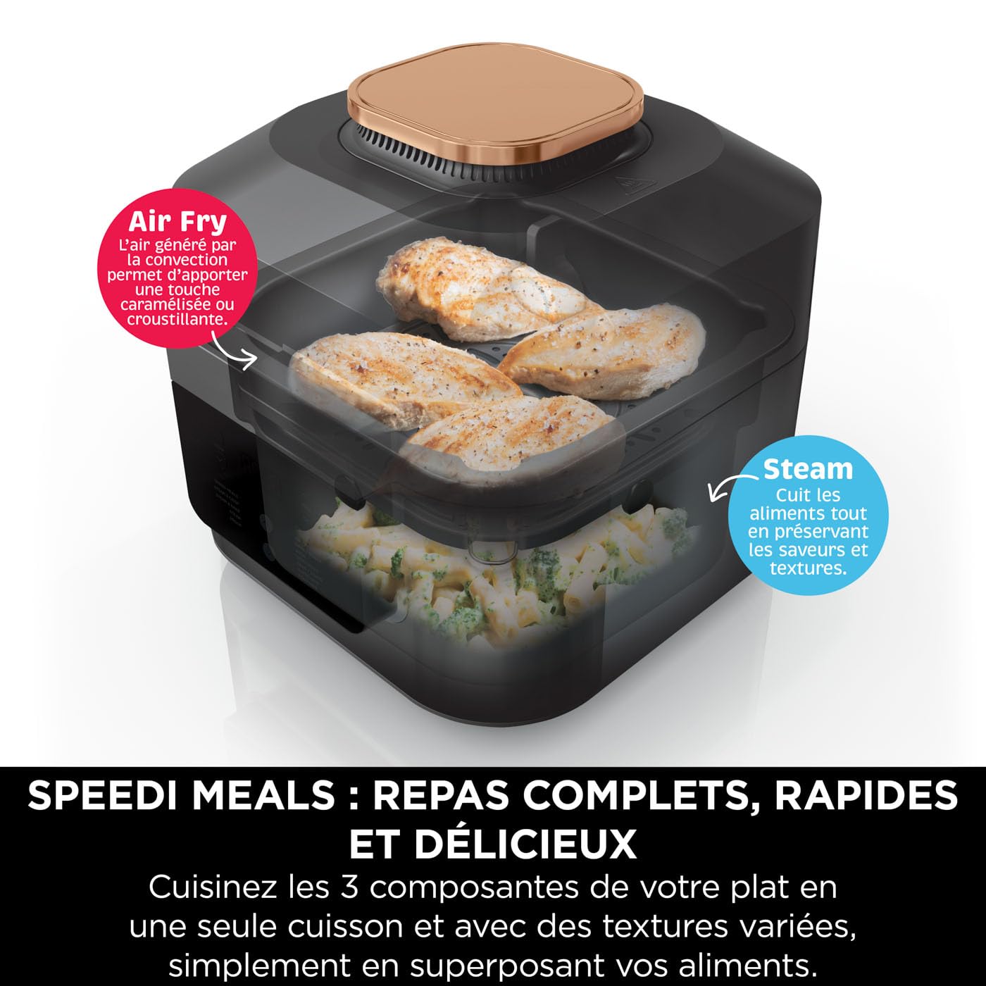 Ninja Speedi 10-en-1 Autocuiseur rapide, Air Fryer, Friteuse à air et Multicuiseur, 5.7L, Repas pour 4 en 15 minutes, Vapeur, Gril, Cuire au four, Rôtir, Mijoter et plus, Noir et Cuivre ON400EUCP