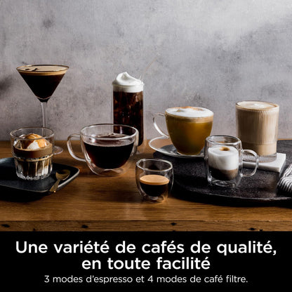 NINJA Machine à café Luxe Premier 3-en-1, Latte, Cappuccino, Infusion à froid et Espresso avec broyeur à grains et mousseur à lait intégrés, facile à utiliser, 4 préréglages mousse, argent, ES601EU