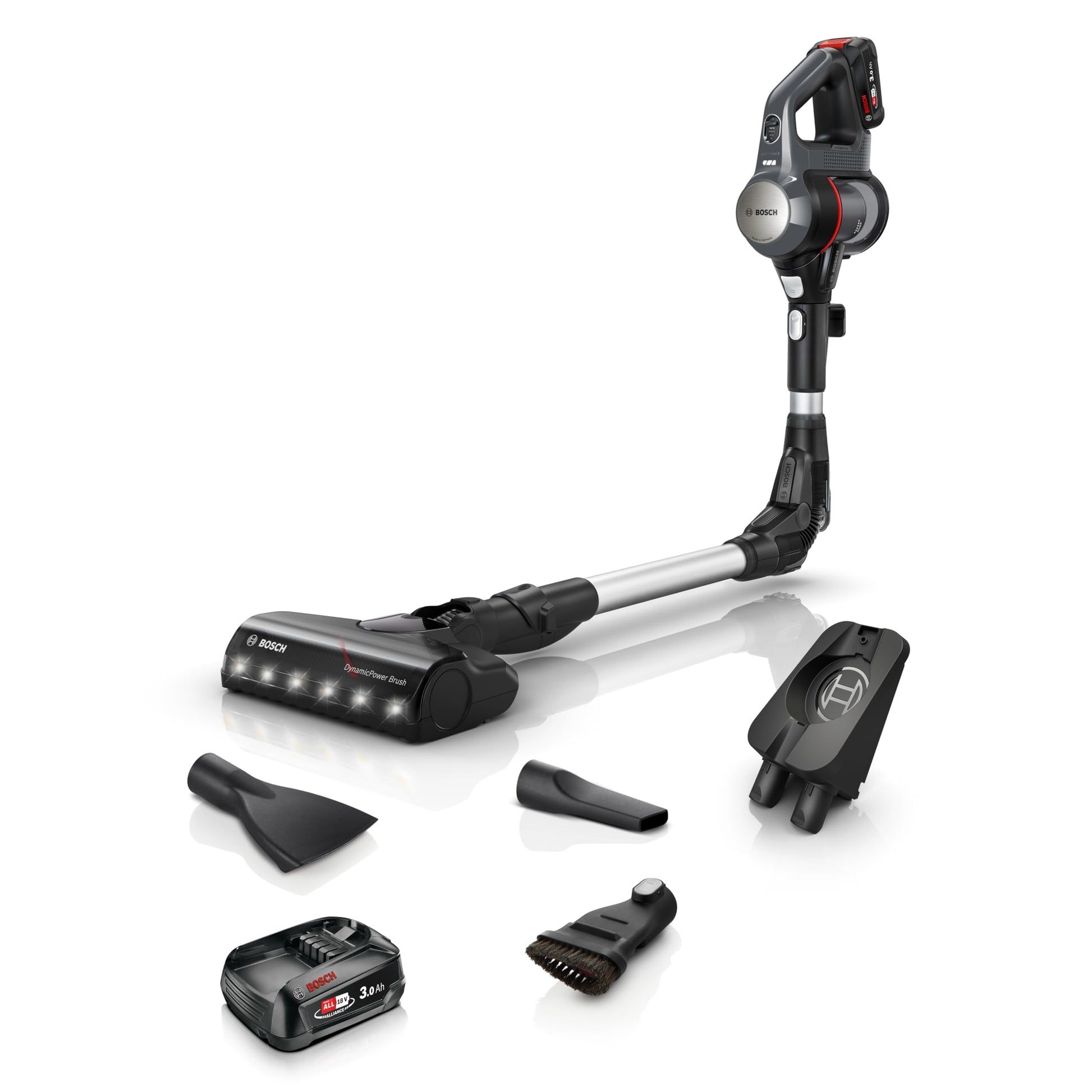 Bosch Electroménager Unlimited 7, BBS712A, aspirateur Balai, 2 Batteries 3.0 Ah Power for All, autonomie de 40 Min par Batterie, Tube Flexible, Poids léger, Accessoires, éclairage LED, Anthracite