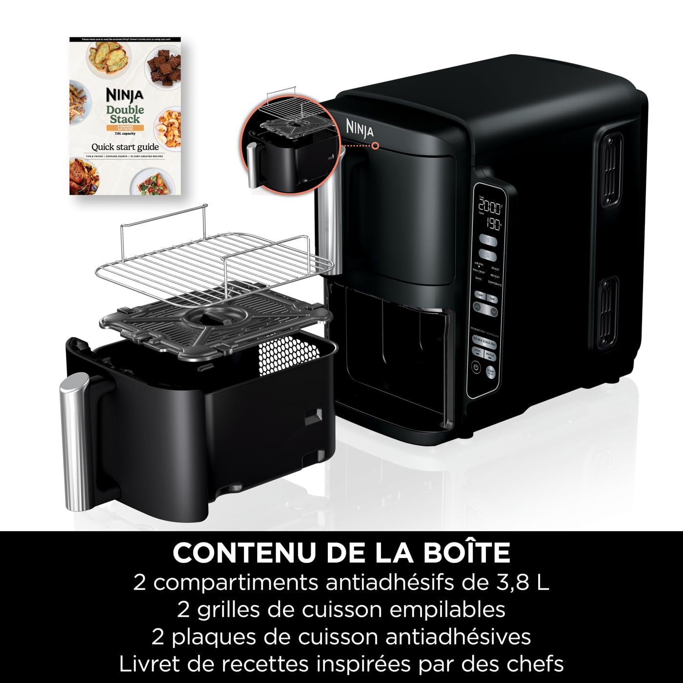 Ninja Double Stack Air-Fryer, Friteuse verticale sans huile à 2 tiroirs, 4 niveaux cuisson, 2 tiroirs et 2 grilles, design compact, capacité de 7,6L, 6 fonctions de Cuisson, 6 portions, gris SL300EU