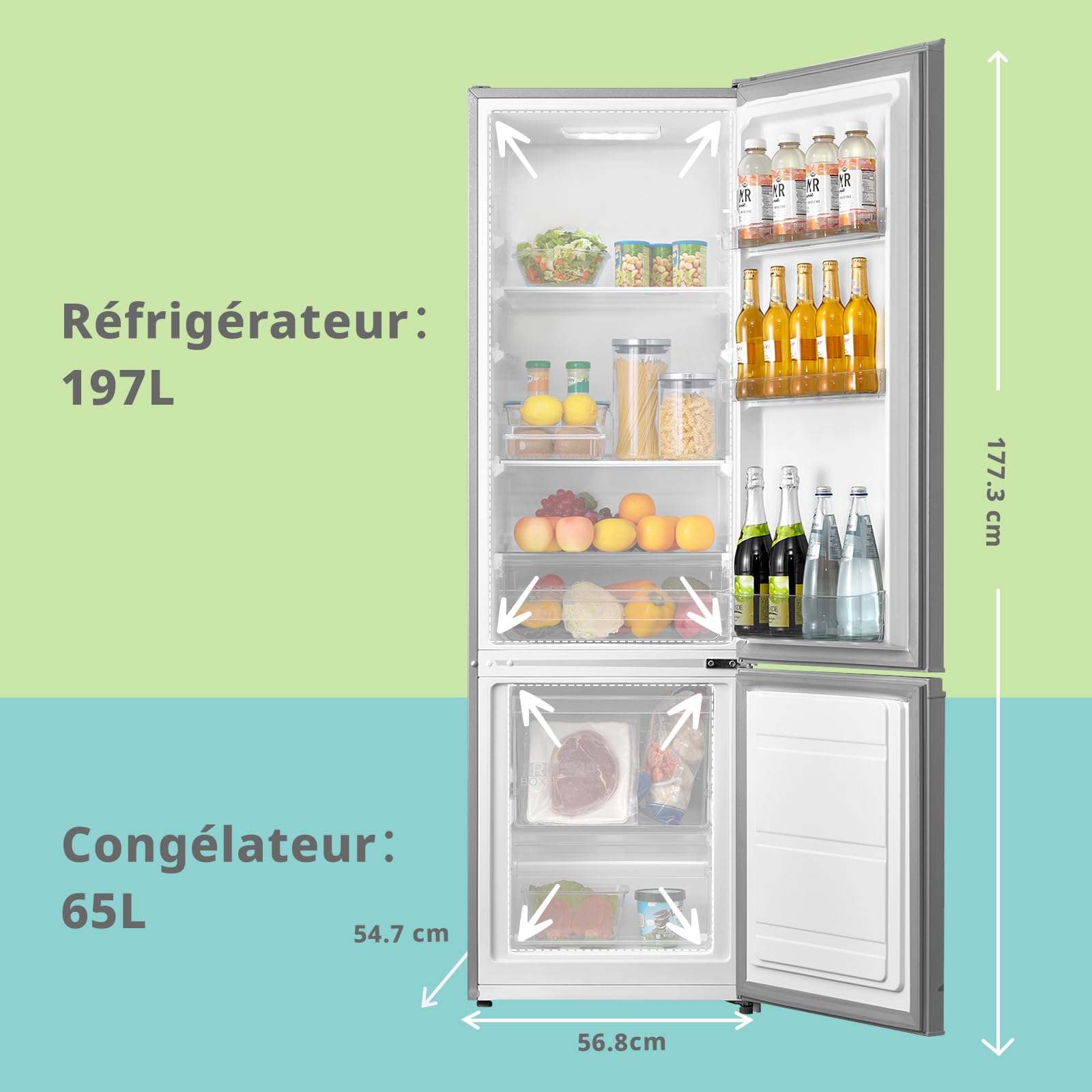 Comfee' RCB359IX2 Réfrigérateur Combiné, 262L(197+65), Grande Capacité, Low Frost, Hauteur 177,3 cm, Faible Bruit 39 dB, Éclairage LED, Température Réglable, Acier Inoxydable
