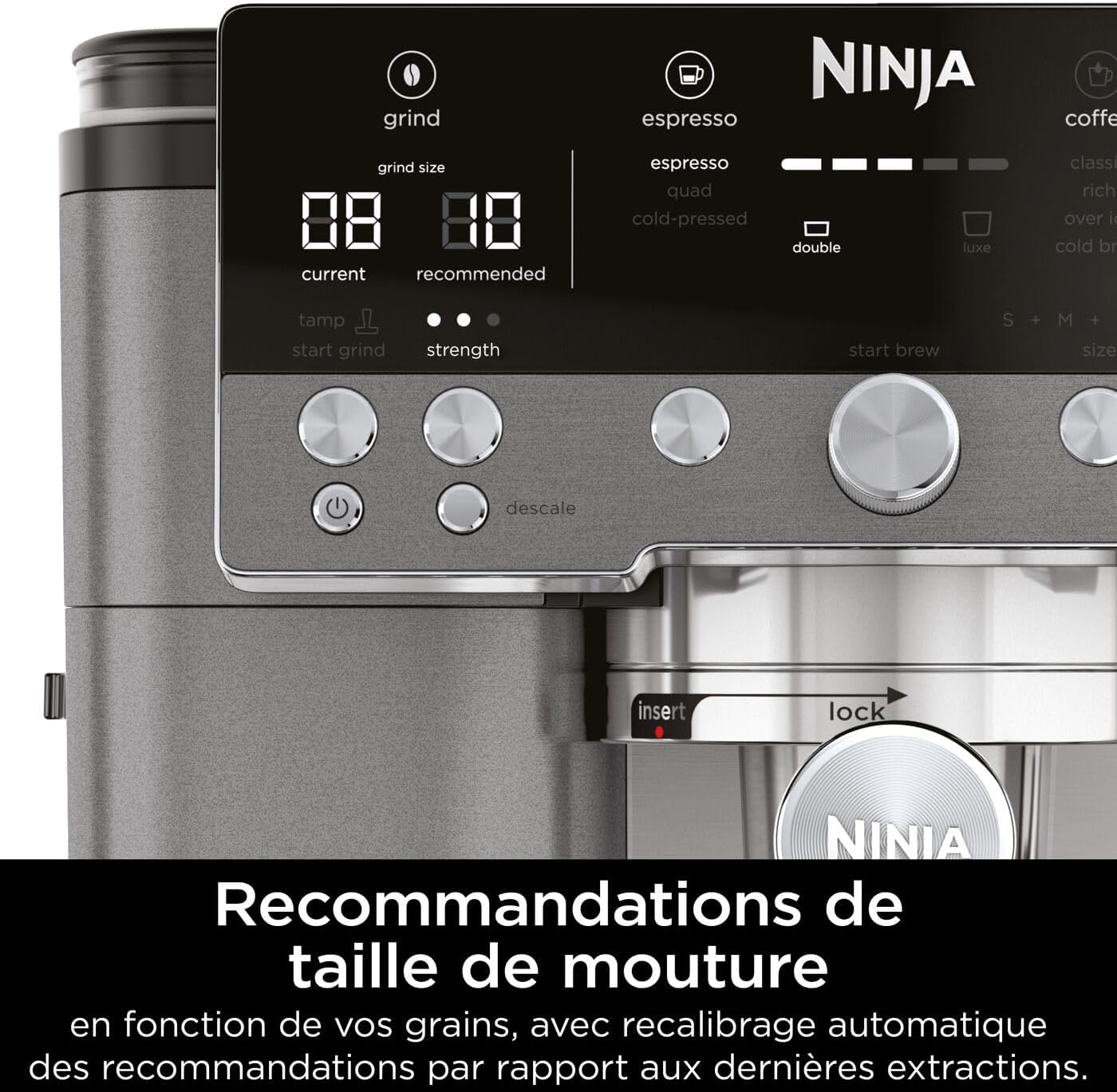 Ninja Luxe Premier Machine à café 3-en-1, Pour réaliser espressos, infusions à froid et café filtre, 4 préréglages de mousse automatiques, Gris Métalisé, ES601EUGM