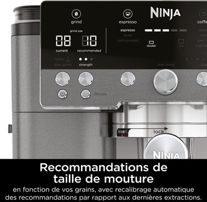 Ninja Luxe Premier Machine à café 3-en-1, Pour réaliser espressos, infusions à froid et café filtre, 4 préréglages de mousse automatiques, Gris Métalisé, ES601EUGM