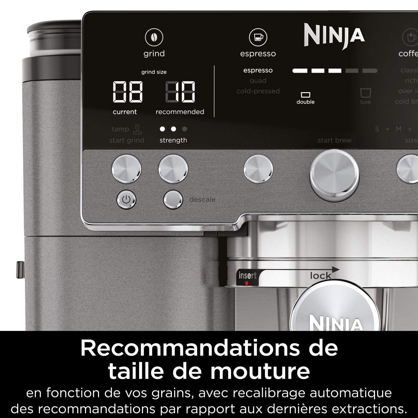 Ninja Luxe Premier Machine à café 3-en-1, Pour réaliser espressos, infusions à froid et café filtre, 4 préréglages de mousse automatiques, Gris Métalisé, ES601EUGM