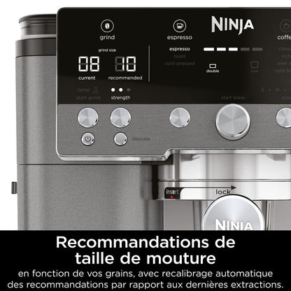 Ninja Luxe Premier Machine à café 3-en-1, Pour réaliser espressos, infusions à froid et café filtre, 4 préréglages de mousse automatiques, Gris Métalisé, ES601EUGM