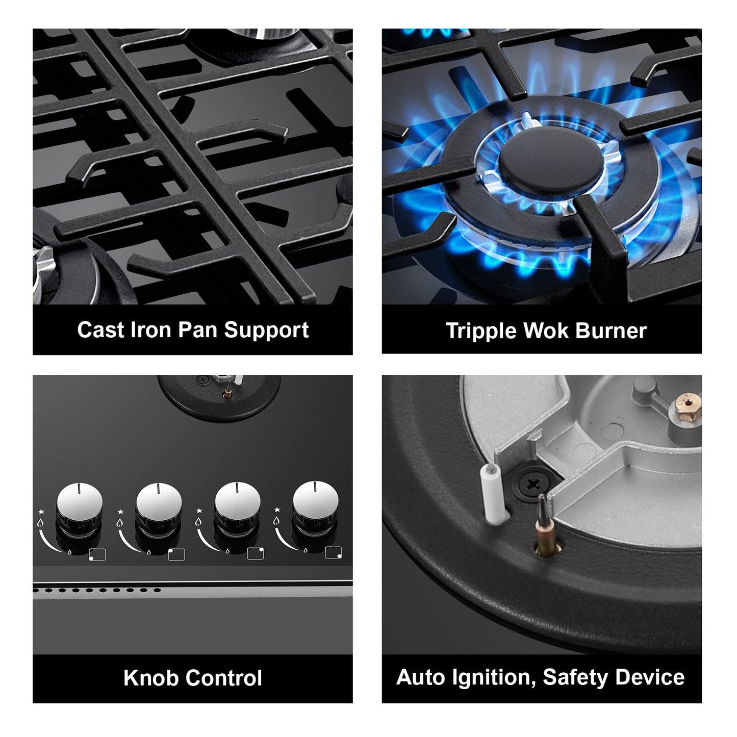 TopStrong Plaque de Cuisson Gaz 4 Feux, 60cm Plaque Gaz 4 Feux avec Supports en Fonte, Encastrable Table de Cuisson, Convertible NG/LPG, Protection Contre la Flamme, Noir Verre