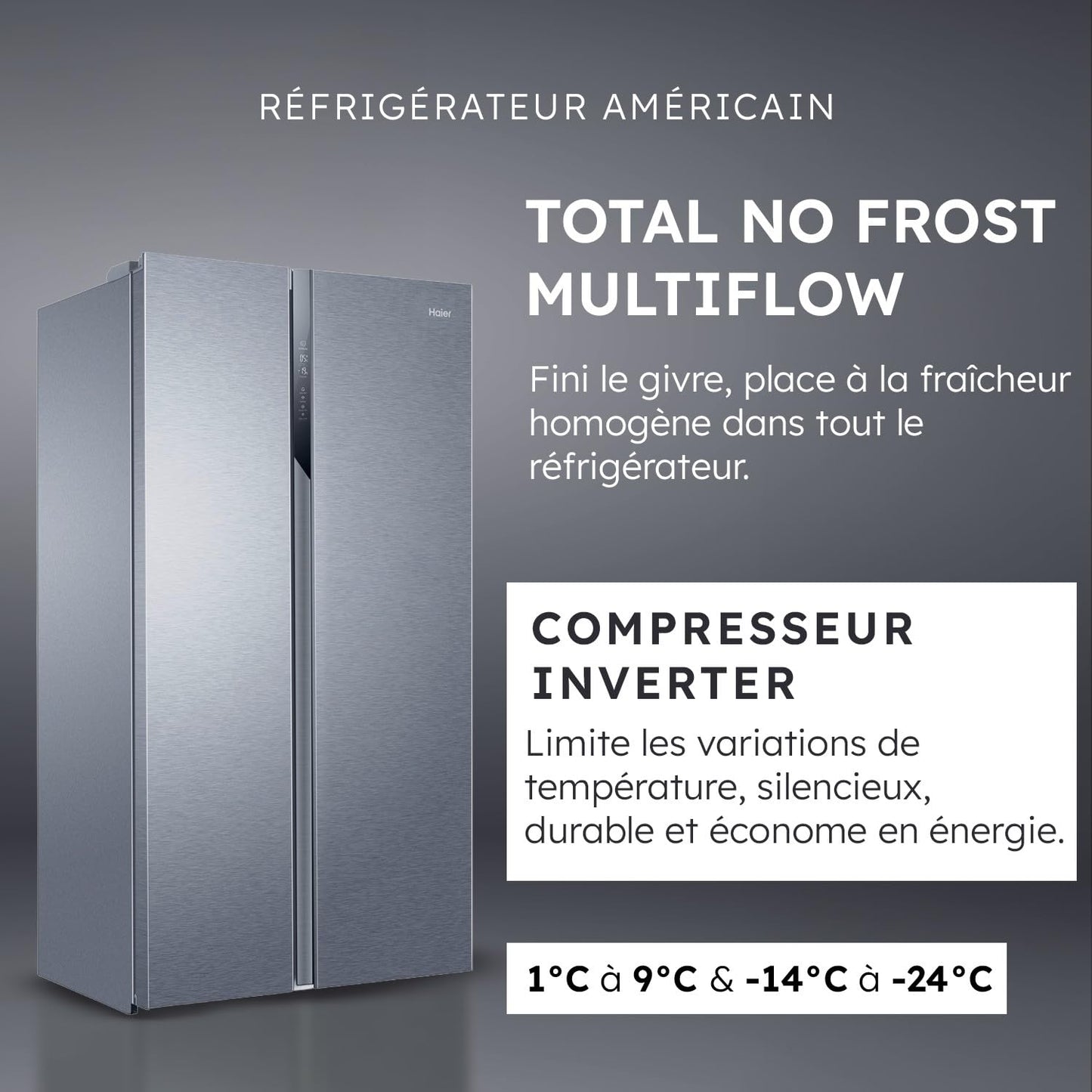 Haier - Réfrigérateur Américain - 2 Portes - Classe Énergétique E - Technologie Total No Frost Multi Air Flow - Inox - 337L + 191L (Congélateur) - 177,5 x 90,8 x 64,7 cm - Modèle HSR3918ENPG