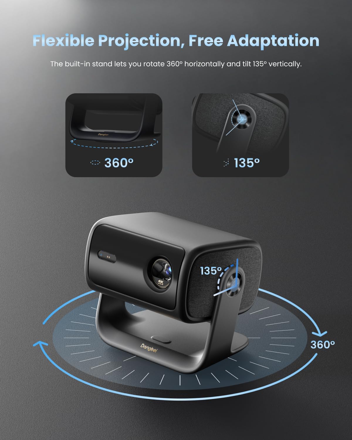 Dangbei MP1 Max, Vidéoprojecteur 4K, 3100 Lumens ISO,110% BT.2020, HDR10+, 3D, Dolby Audio, 300" Grand écran, Rotation à 135°, 2 x 12W Haut-Parleurs