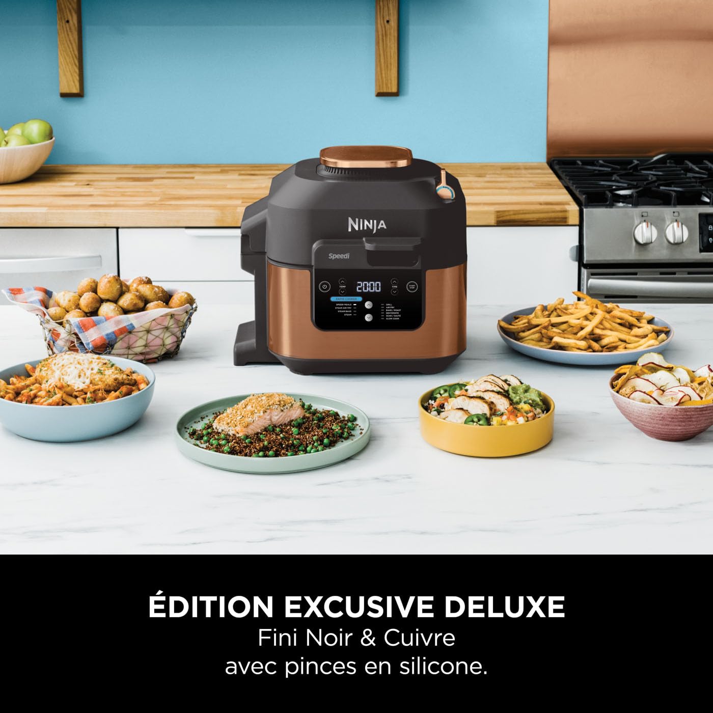 Ninja Speedi 10-en-1 Autocuiseur rapide, Air Fryer, Friteuse à air et Multicuiseur, 5.7L, Repas pour 4 en 15 minutes, Vapeur, Gril, Cuire au four, Rôtir, Mijoter et plus, Noir et Cuivre ON400EUCP