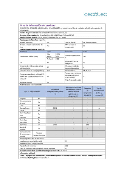 Cecotec Réfrigérateur Américain Bolero CoolMarket SBS 562 Dark D. 562 L, Classe D, Total No Frost, mode vacances, compresseur inverter, LED intérieure y porte réversible.