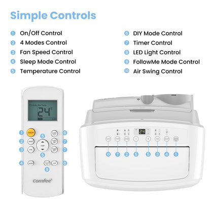 COMFEE' Climatiseur Mobile 12000 BTU/H 3,5 kW, 3 Modes, Fonction Follow Me, Télécommande, pour grandes pièces de 43㎡/117m³, Kit d'évacution inclus, Réfrigérant naturel, PAC 12000