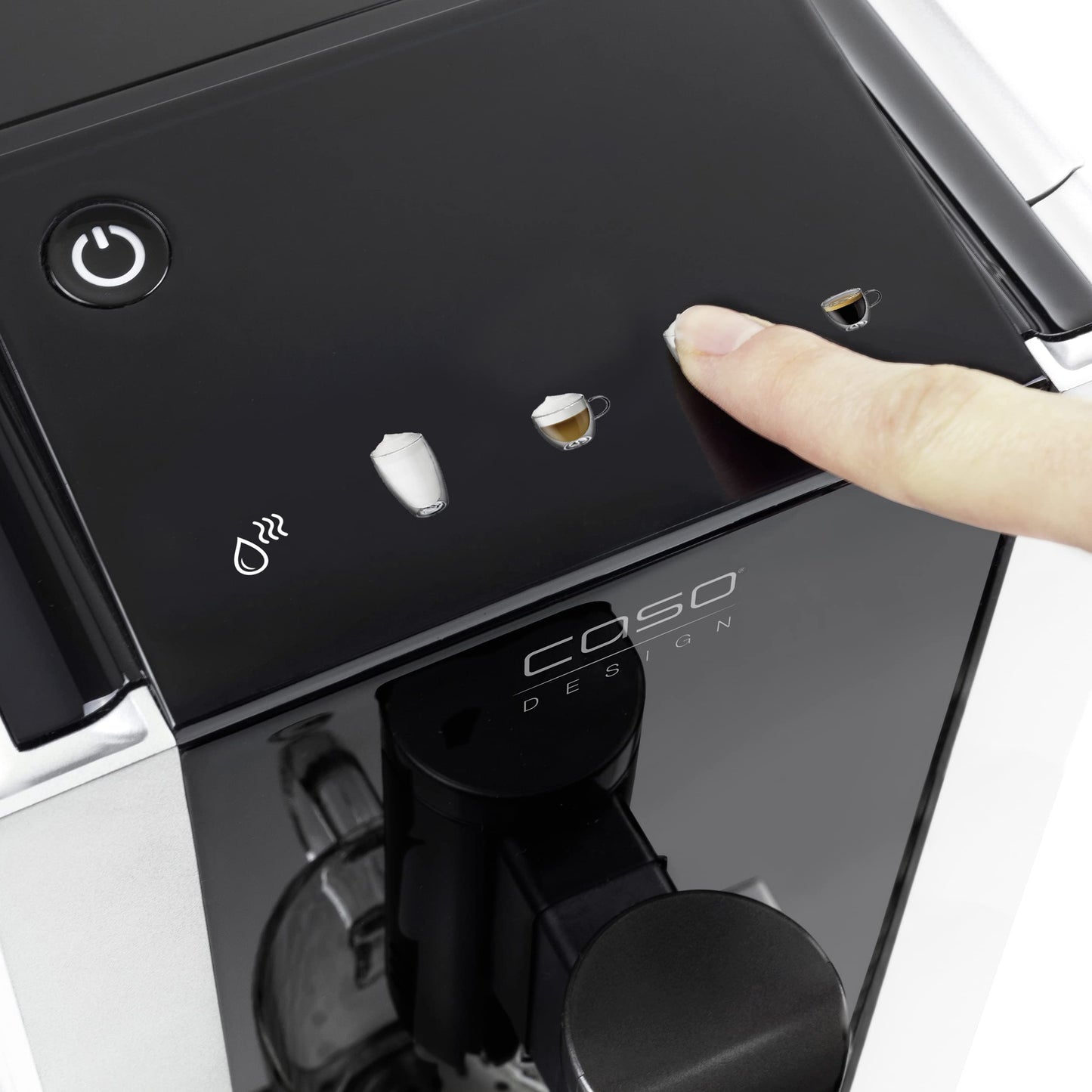 CASO Café Crema Touch Machine à café automatique design avec tuyau et réservoir à lait, broyeur conique réglable en continu, prêt à l'emploi, toutes les spécialités de café par toucher, noir, acier