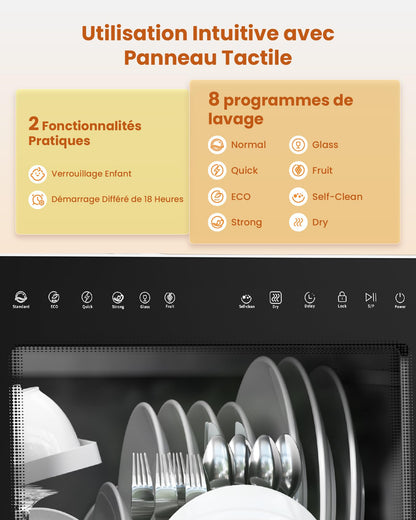 HAVA Lave-vaisselle de comptoir 2025 - Amélioré avec adoucisseur d'eau, efficacité énergétique optimale, 8 programmes de lavage, verrouillage enfant et fonction de démarrage différé