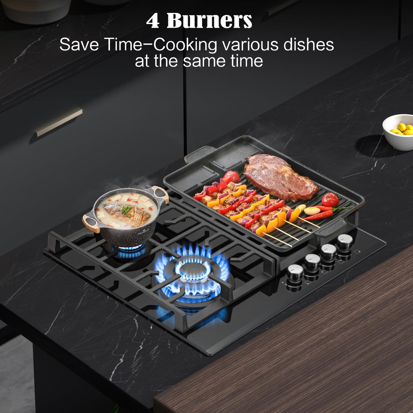 TopStrong Plaque de Cuisson Gaz 4 Feux, 60cm Plaque Gaz 4 Feux avec Supports en Fonte, Encastrable Table de Cuisson, Convertible NG/LPG, Protection Contre la Flamme, Noir Verre