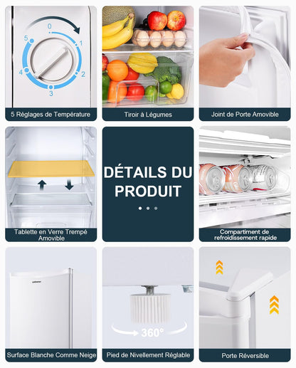 Upstreman Petit Frigo avec Congélateur de 91L, Bac à Légumes, Thermostat Réglable, Silencieux, Petit Frigo de Bureau, Porte Réversible, Réfrigérateur