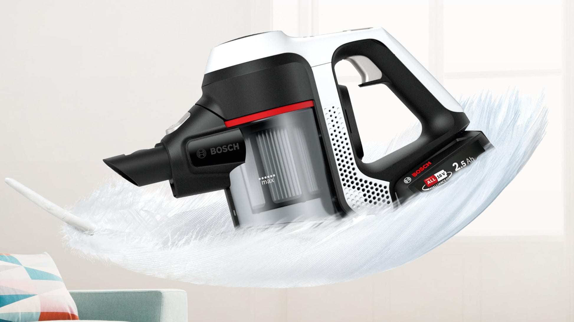 Bosch Electroménager Unlimited 6, BCS611AM, aspirateur Balai Rechargeable sans Fil, autonomie de 30 Min, performant sur différents Types de Sol, Accessoires Inclus, Blanc