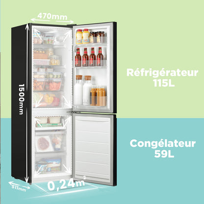 Comfee' RCB169DK2(E) 174L Réfrigérateur avec Congélateur/Hauteur 150 cm/Low Frost/Température Réglable du Réfrigérateur/Lumière LED/195 kWh/an/115L Réfrigérateur/59L Congélateur/Noir