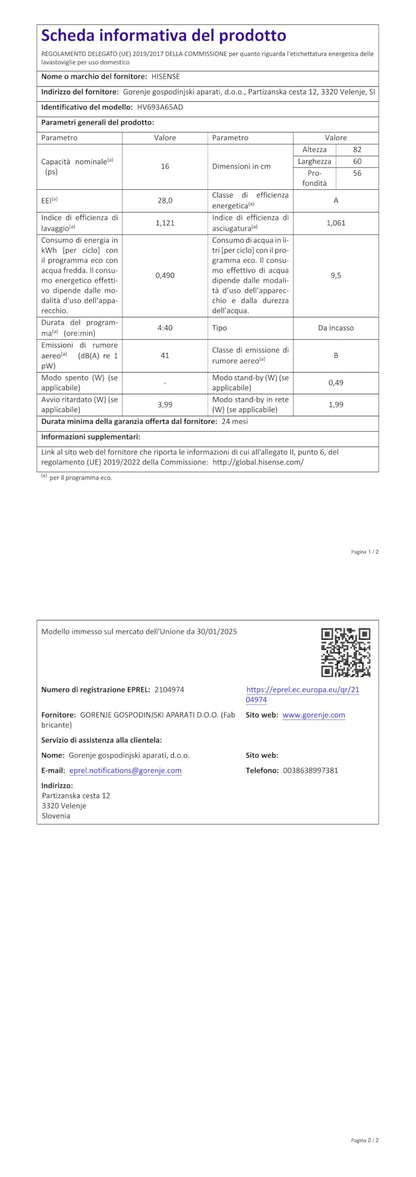 Hisense HV693A65AD - Lave-vaisselle encastrable, 16 couverts, disparition totale, classe énergétique A